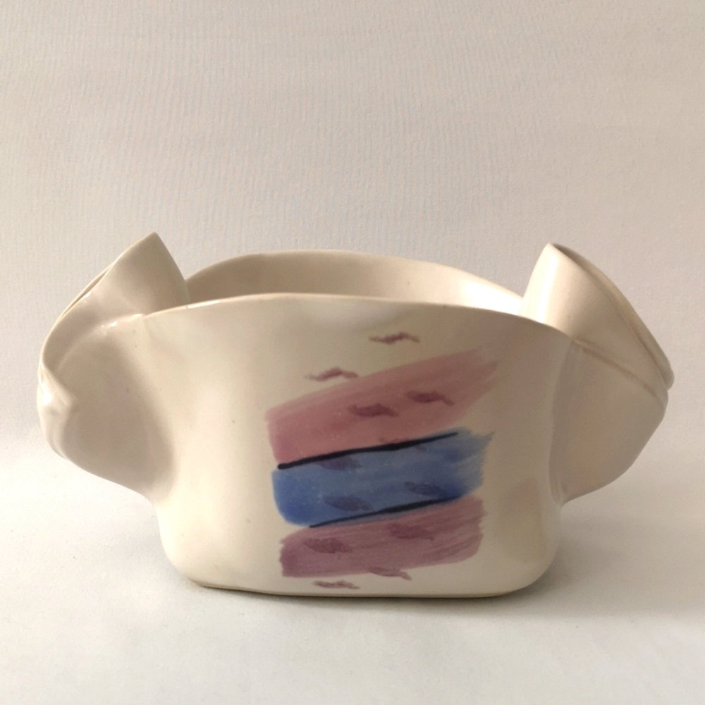 Large Hilborn Pottery Condiment or Succulent Dish. Cream Pink Purple & Blue EUC